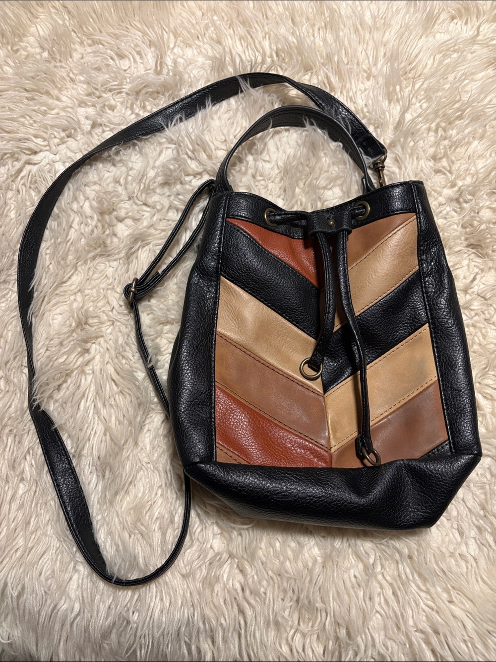 Black Multi-Tone Chevron Drawstring Bucket Bag